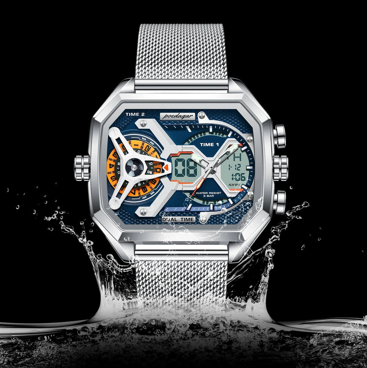 Men's LED Watch – Waterproof Rectangle Stainless Steel Quartz Timepiece with Week & Date Display, Elegant Fashion Accessory
