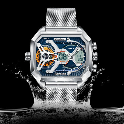 Men's LED Watch – Waterproof Rectangle Stainless Steel Quartz Timepiece with Week & Date Display, Elegant Fashion Accessory