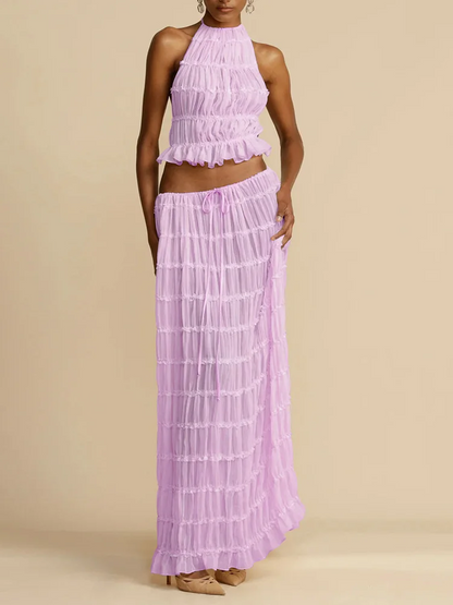 Sexy Two-Piece Hollow Out Set Dress – Backless Lace-Up Crop Top & Long Skirt for Beach & Club Vibes