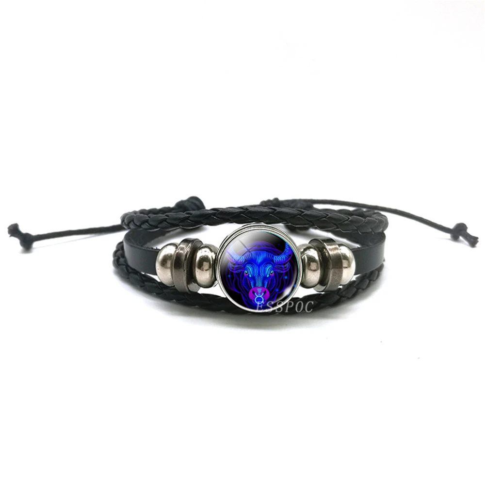 Handwoven Zodiac Leather Charm Bracelet – 12 Constellation Signs, Vintage Couple Gift for Women & Astrology Lovers