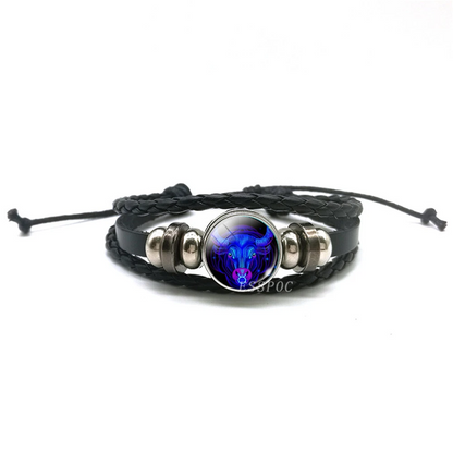 Handwoven Zodiac Leather Charm Bracelet – 12 Constellation Signs, Vintage Couple Gift for Women & Astrology Lovers