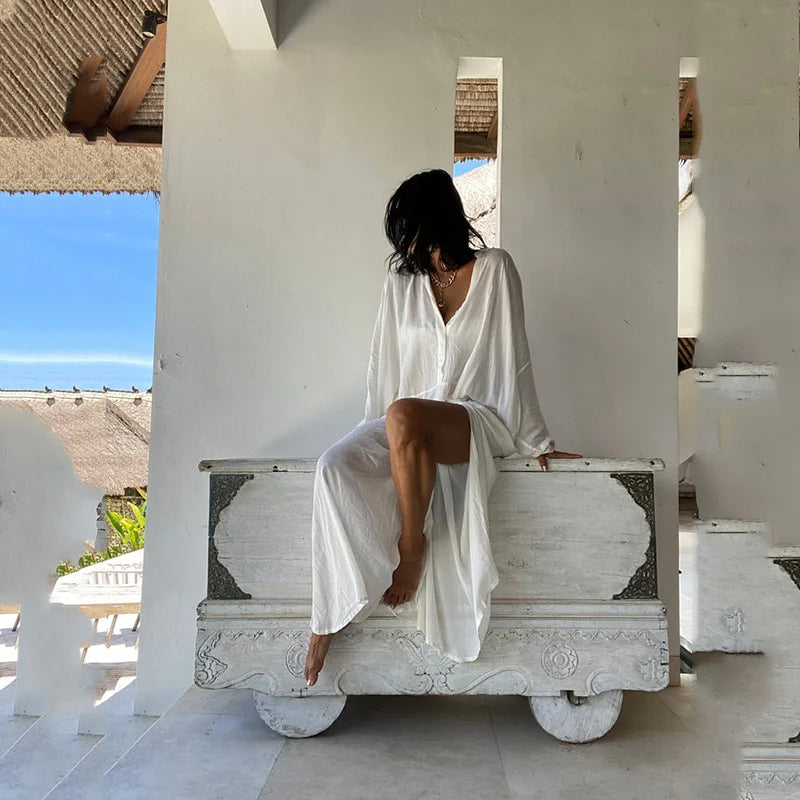 White Swimsuit Cover-Up Maxi Kaftan – Elegant Kimono-Style Beach Dress with Loose Fit, Side Pockets, and Lightweight Summer Tunic for Bathing Suits