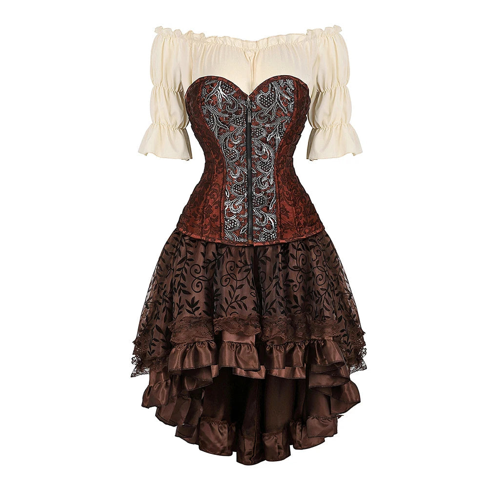 Women’s Pirate Corset Dress – Plus Size Brown Faux Leather Steampunk Costume with Off-Shoulder Blouse for Halloween Party Cosplay