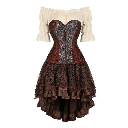 Women’s Pirate Corset Dress – Plus Size Brown Faux Leather Steampunk Costume with Off-Shoulder Blouse for Halloween Party Cosplay