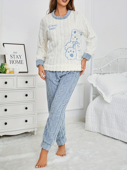 Cute Fleece Teddy Pajama Set for Women – Cozy Cartoon Embroidered Crew Neck Top & Pants for Winter Comfort