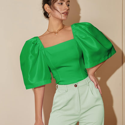 Chic Square Neck Lantern Sleeve Blouse – Woven Polyester Women’s Fashion Top for Spring/Summer Street Style with a Flattering Skinny Fit