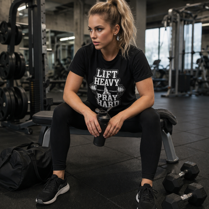 Women’s “Lift Heavy Pray Hard” Gym Shirt – Inspirational Fitness T-Shirt with Geometric Weightlifting Design, Soft Stretch Athletic Top for Workout and Daily Wear