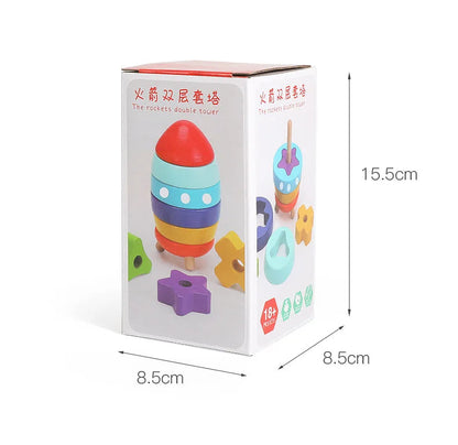 Rocket Tower Wooden Blocks Game – Montessori-Inspired Color & Shape Stacking Toy for Kids’ Cognitive Learning and Fine Motor Development