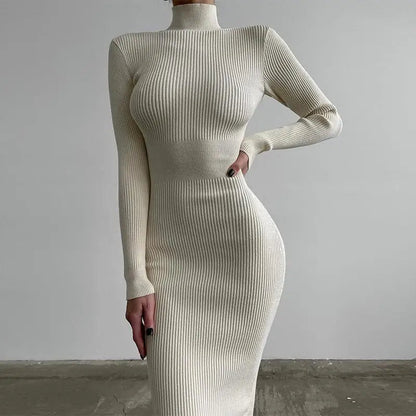 Turtleneck Knitted Midi Dress – Long Sleeve Bodycon Fit for Flawless Autumn & Winter Fashion Statements