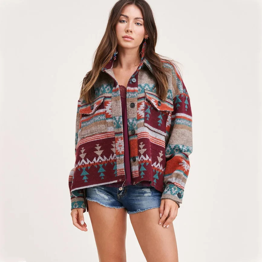 Vintage Aztec Denim Jacket with Collar – Wool Lined Loose Fit Long Sleeve Outerwear for Trendy Streetwear Vibes