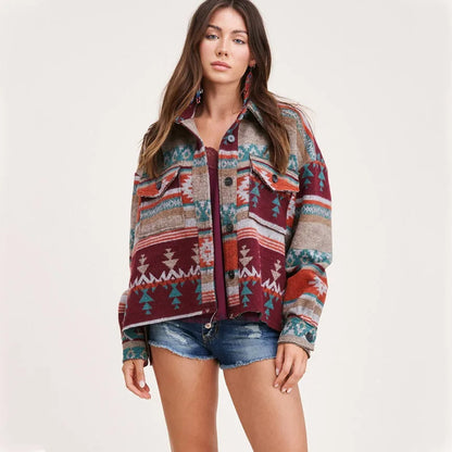 Vintage Aztec Denim Jacket with Collar – Wool Lined Loose Fit Long Sleeve Outerwear for Trendy Streetwear Vibes