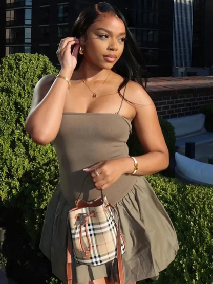 Poplin Balloon Mini Dress – Elastic Strap Sleeveless Chic Camisole Dress with High Waist Fit for Stylish Summer Days
