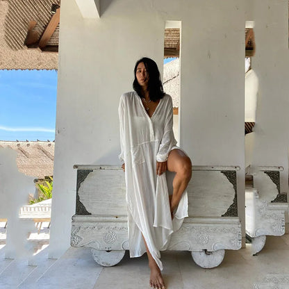 White Swimsuit Cover-Up Maxi Kaftan – Elegant Kimono-Style Beach Dress with Loose Fit, Side Pockets, and Lightweight Summer Tunic for Bathing Suits