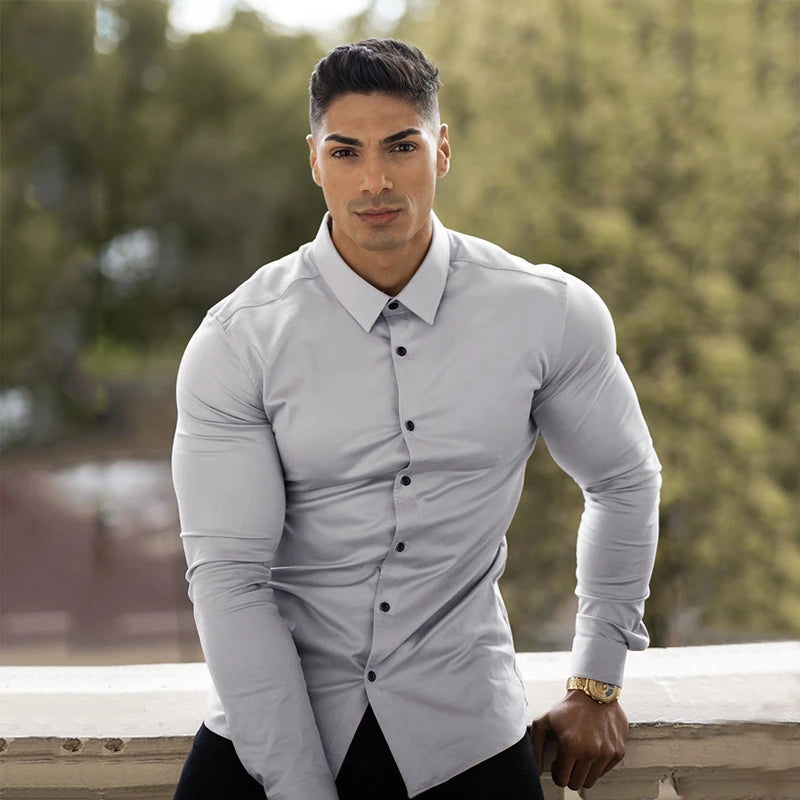 Men’s Super Slim Fit Plain Shirt – Long Sleeve Casual Button-Up for Business, Social Events, and Daily Sophisticated Style