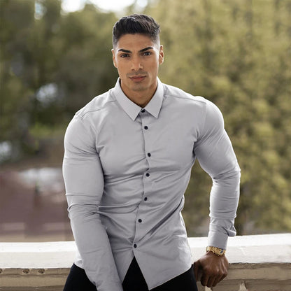 Men’s Super Slim Fit Plain Shirt – Long Sleeve Casual Button-Up for Business, Social Events, and Daily Sophisticated Style