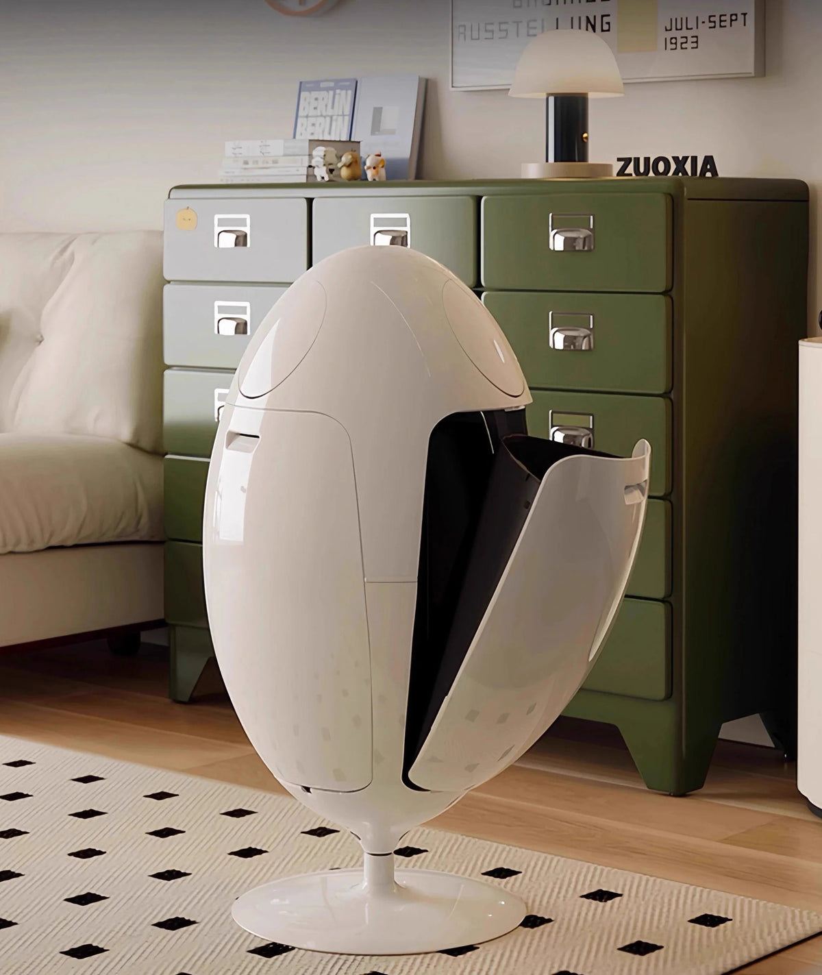 Dinosaur Egg Eco-Friendly Trash Can – Light Luxury Egg-Shaped Bin for Modern Living Room Storage and Stylish Home Organization