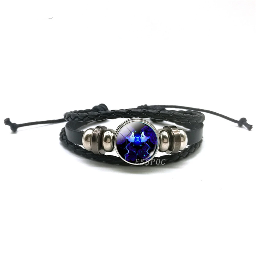 Handwoven Zodiac Leather Charm Bracelet – 12 Constellation Signs, Vintage Couple Gift for Women & Astrology Lovers