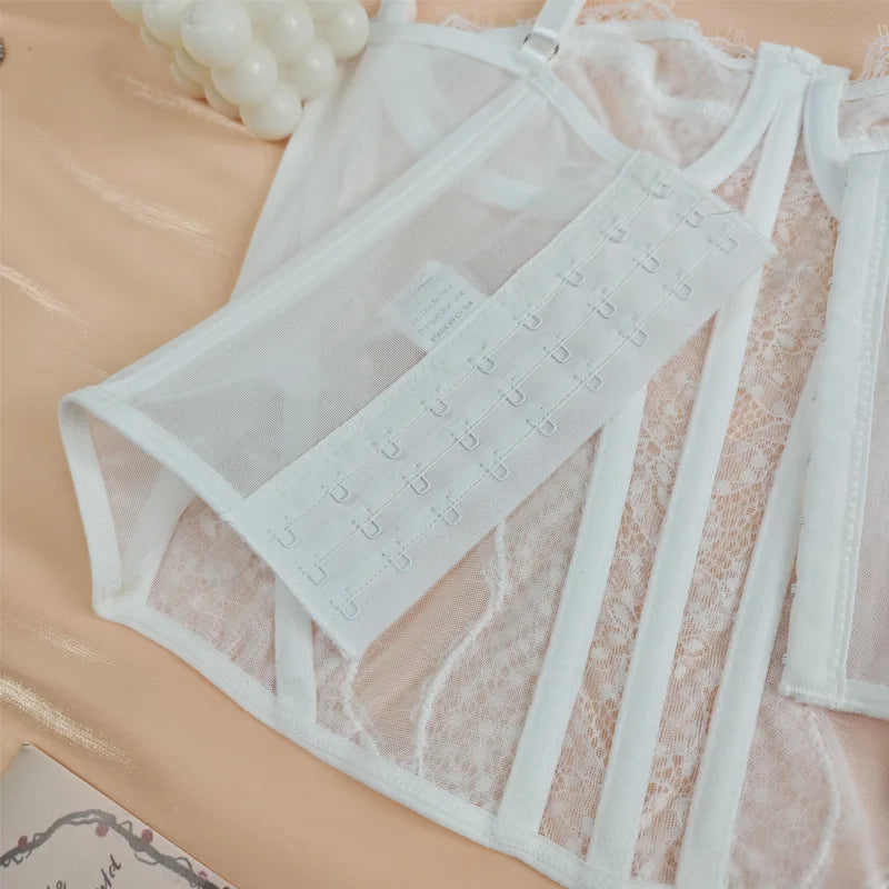 Lace Mesh Corset Top – Open Back Spaghetti Strap Bustier for Lingerie or Street Chic for Women