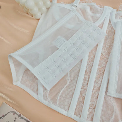 Lace Mesh Corset Top – Open Back Spaghetti Strap Bustier for Lingerie or Street Chic for Women