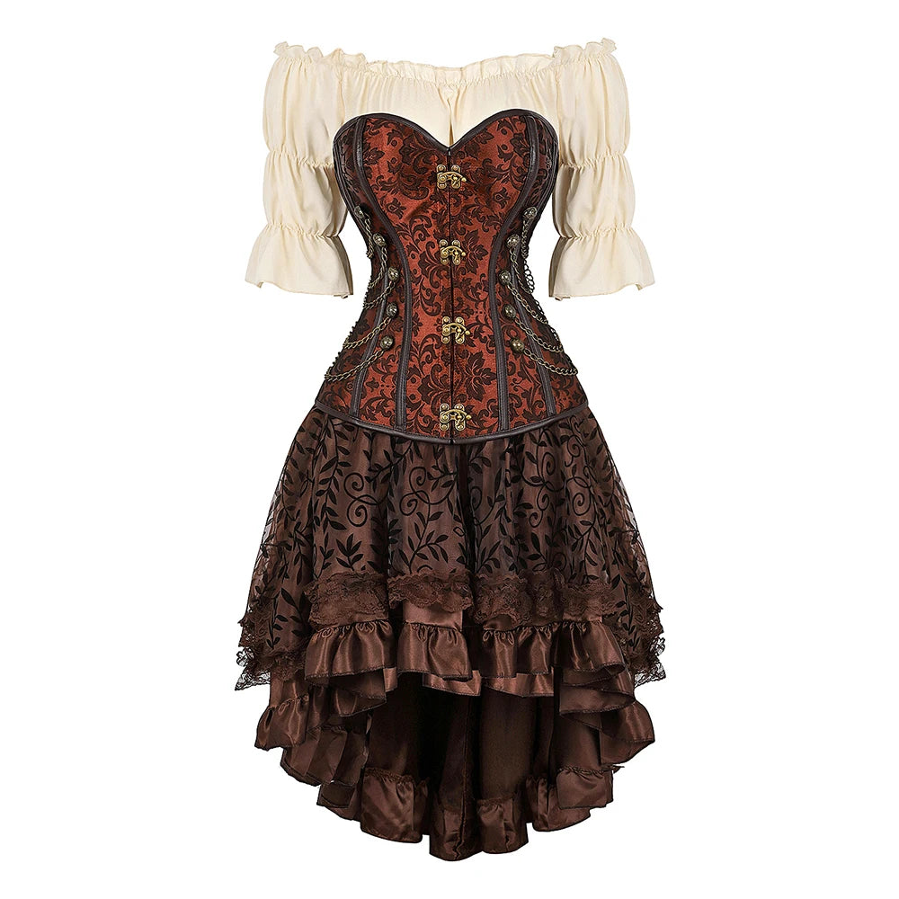 Women’s Pirate Corset Dress – Plus Size Brown Faux Leather Steampunk Costume with Off-Shoulder Blouse for Halloween Party Cosplay