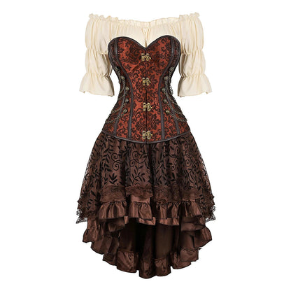 Women’s Pirate Corset Dress – Plus Size Brown Faux Leather Steampunk Costume with Off-Shoulder Blouse for Halloween Party Cosplay