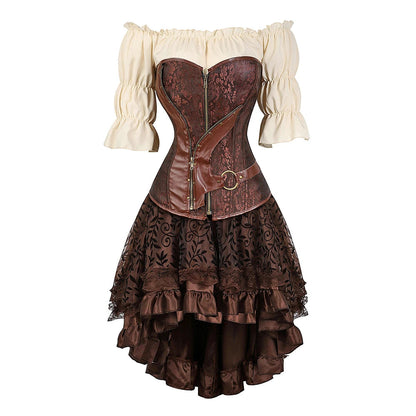 Women’s Pirate Corset Dress – Plus Size Brown Faux Leather Steampunk Costume with Off-Shoulder Blouse for Halloween Party Cosplay