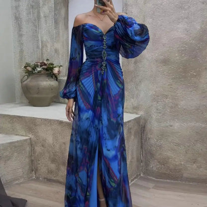Elegant Women’s Off-Shoulder Maxi Dress – Pleated Lantern Sleeves, Split Hem, Rhinestone Waist Party Dress for Formal Occasions
