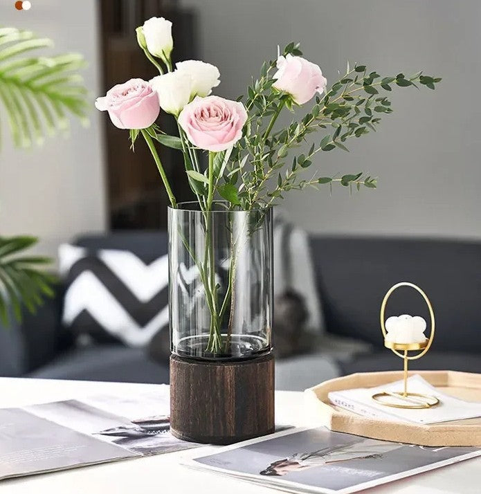 Minimalist Glass Vase with Wooden Base – Elegant Hydroponic Planter for Modern Home Décor