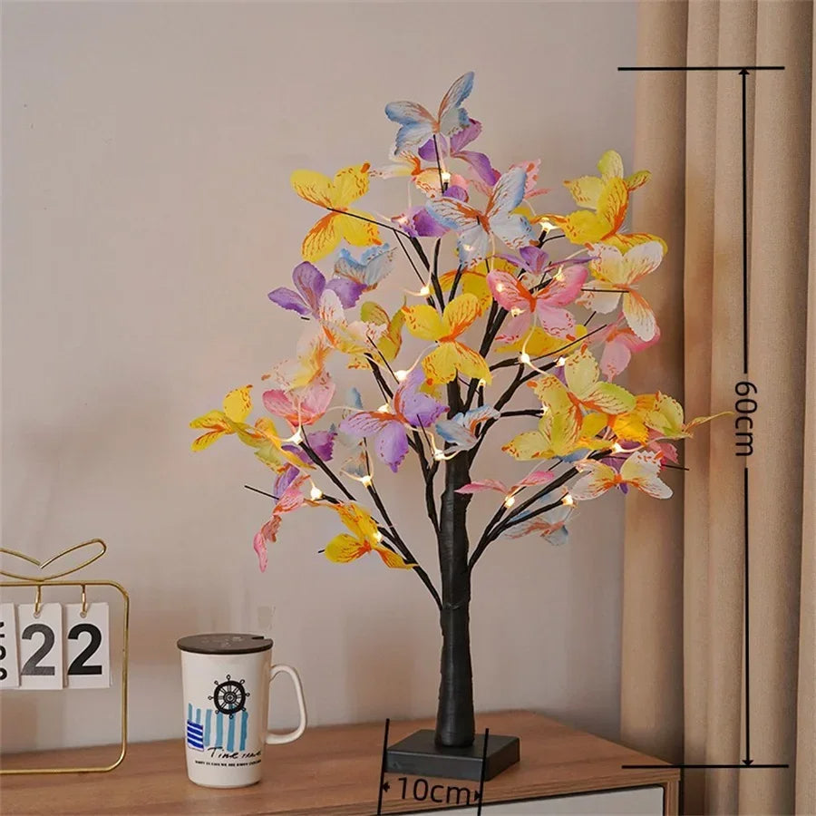 LED Birch Tree Table Lamp – Butterfly Bonsai Lights Powered by USB or 3 AA Battery for Bedroom, Fireplace, and Holiday Decor