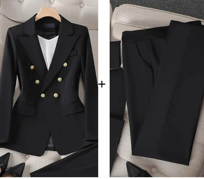 Women's Pant Suit – Double Breasted Business Blazer Set, Gold Buttons – Blazer, Pants or Skirt