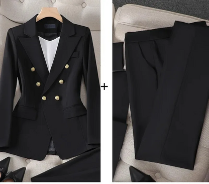Women's Pant Suit – Double Breasted Business Blazer Set, Gold Buttons – Blazer, Pants or Skirt