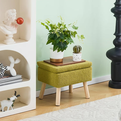 Modern Green Velvet Ottoman – Soft Padded Square Footrest with Wood Legs for Bedrooms, Offices, and Compact Spaces