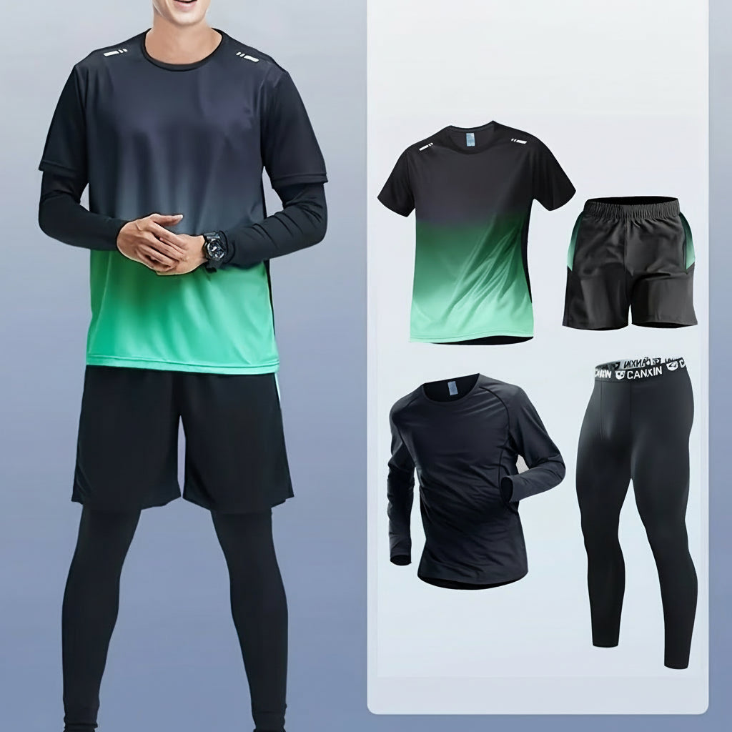 Men’s Four Piece Athletic Set – Gradient Compression Pants, Tee, Shorts & Leggings for Running, Gym Training & Active Performance