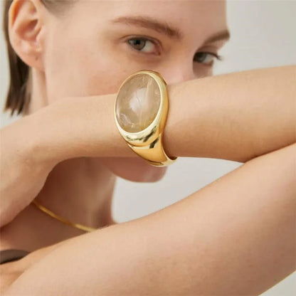 Natural Stone Open Bangle for Women – Elegant Brass Metal Bracelet for Light Luxury Fashion, Travel, and Party Accessories