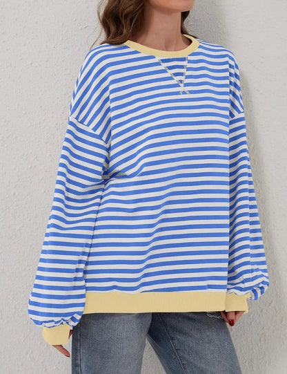 Oversized Striped Pullover Round Neck Sweatshirt – Casual Long Sleeve Crew Neck for a Laid-Back Yet Fashionable Look