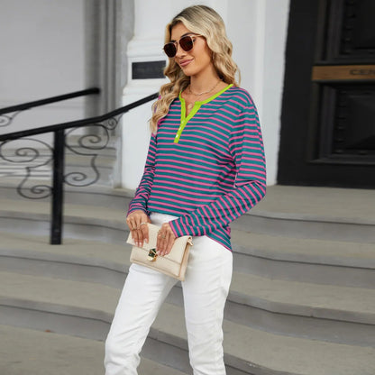 Color Block V-Neck T-Shirt – Loose Long-Sleeved Top for Cross-Border Fashion with a Bold Twist