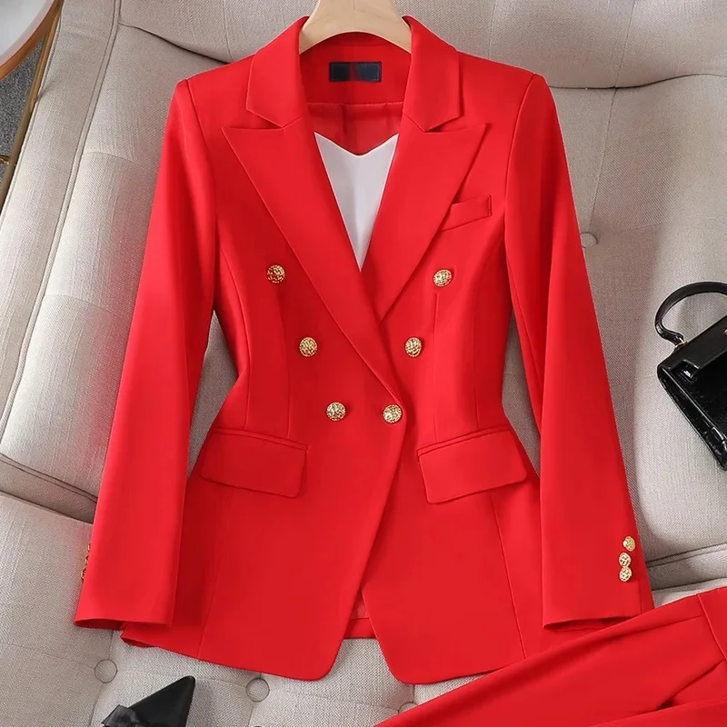 Women's Pant Suit – Double Breasted Business Blazer Set, Gold Buttons – Blazer, Pants or Skirt