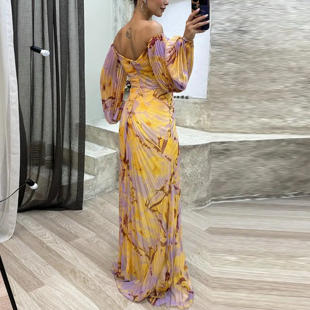 Elegant Women’s Off-Shoulder Maxi Dress – Pleated Lantern Sleeves, Split Hem, Rhinestone Waist Party Dress for Formal Occasions
