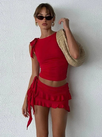 Red Two Piece Set Double-Deck Pleated Tassel Mini Skirt+Bandage  – Sexy Dress for Festival Party Vibes and Summer Beach Getaway