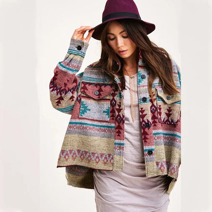 Vintage Aztec Denim Jacket with Collar – Wool Lined Loose Fit Long Sleeve Outerwear for Trendy Streetwear Vibes
