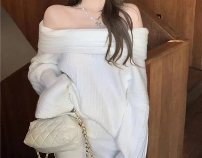 Off-Shoulder Knitted Sweater – Elegant Loose Pullover for Autumn/Winter Chic & Cozy Fashion