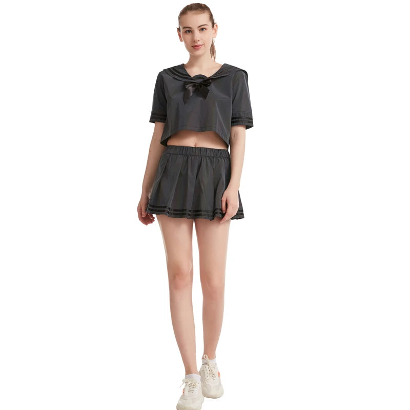 Sexy Colorful Reflective Pleated Two Piece Set – Women’s Blouse and Skirt Outfit with Kawaii Style, Trendy Streetwear Party Fashion Ensemble