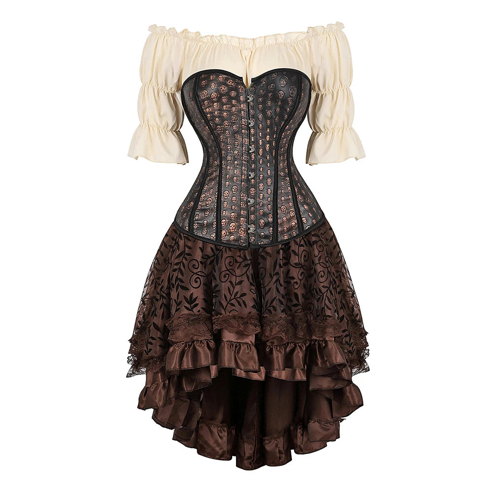 Women’s Pirate Corset Dress – Plus Size Brown Faux Leather Steampunk Costume with Off-Shoulder Blouse for Halloween Party Cosplay