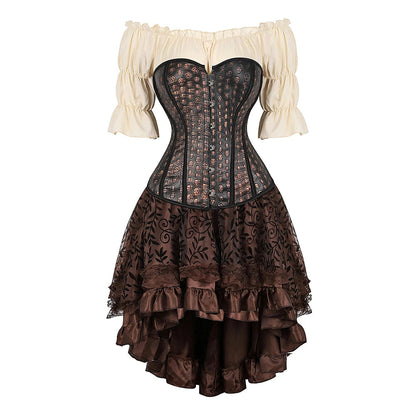 Women’s Pirate Corset Dress – Plus Size Brown Faux Leather Steampunk Costume with Off-Shoulder Blouse for Halloween Party Cosplay