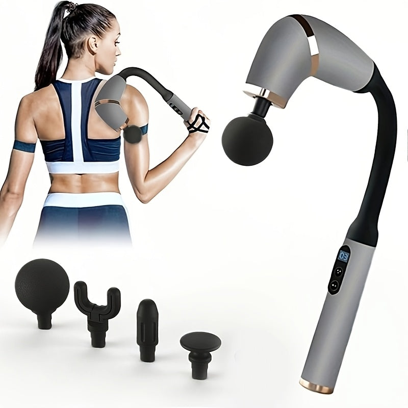 Rechargeable Deep Tissue Massage Gun – Long U-Shaped Handle with 4 Heads for Full-Body Relief, Muscle Recovery & Pain Therapy
