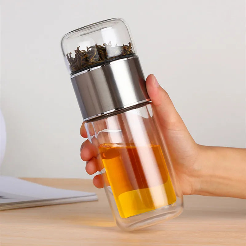 Double-Glazed Glass Water Bottle with Case – Eco-Friendly Tea Infuser Drinkware for Hot & Cold Beverages On the Go