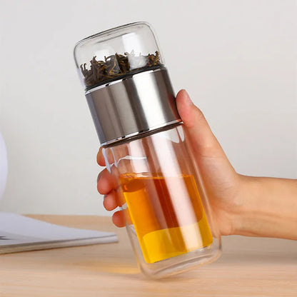 Double-Glazed Glass Water Bottle with Case – Eco-Friendly Tea Infuser Drinkware for Hot & Cold Beverages On the Go