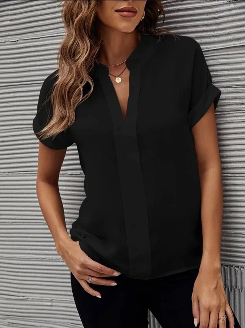 Chiffon V-Neck Workwear Blouse – Loose Short-Sleeved Shirt for Women’s Business Casual Summer Style