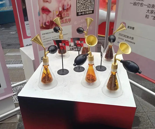 Aroma Display Bottle Set - Essential Oil Smelling Glass Bottles with Brass Holder, Elegant Perfume Display for Spa
