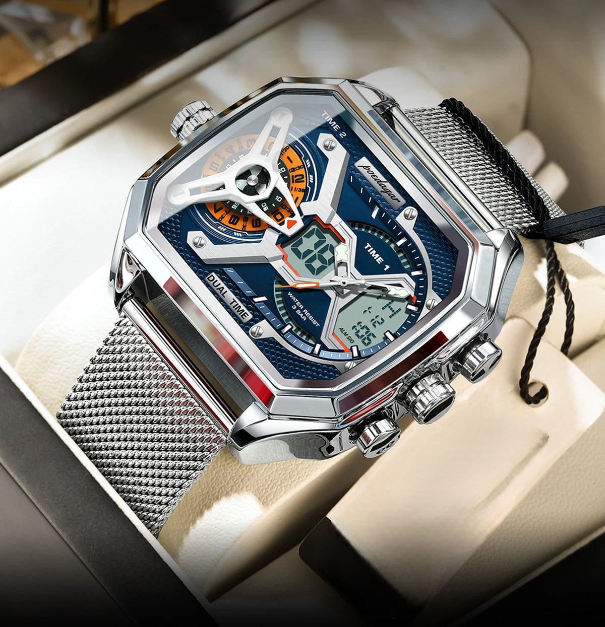 Men's LED Watch – Waterproof Rectangle Stainless Steel Quartz Timepiece with Week & Date Display, Elegant Fashion Accessory